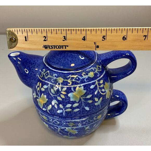 World Market Tea For One Blue Floral Ceramic Teapot/Cup Combo Stackable - Picture 14 of 14